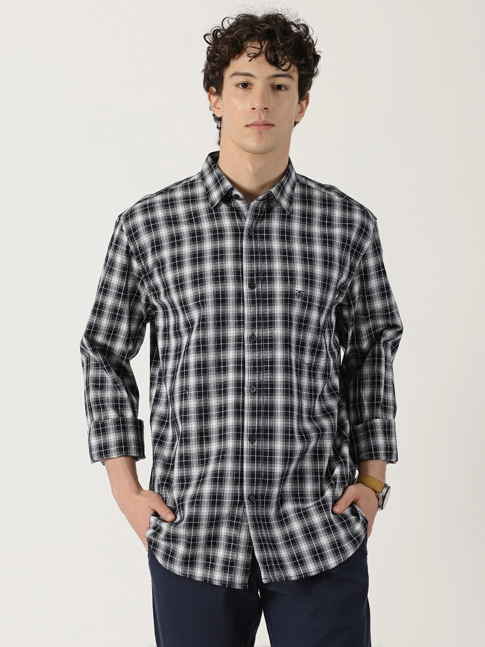 Blue shirt featuring a combination of  White check lines
