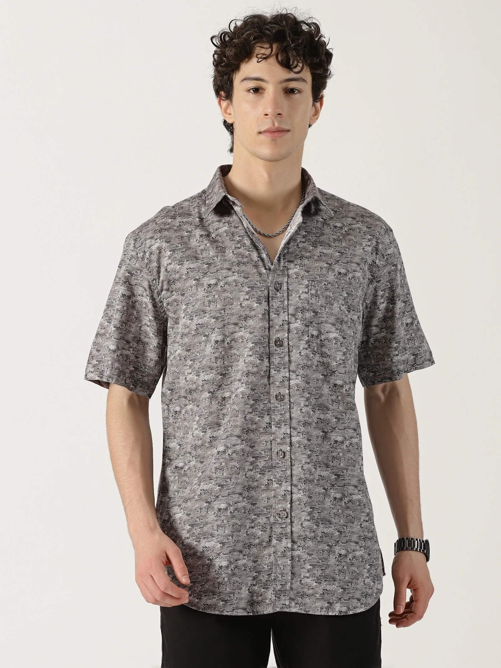 Men’s Charcoal Static Abstract Print Short Sleeve Shirt