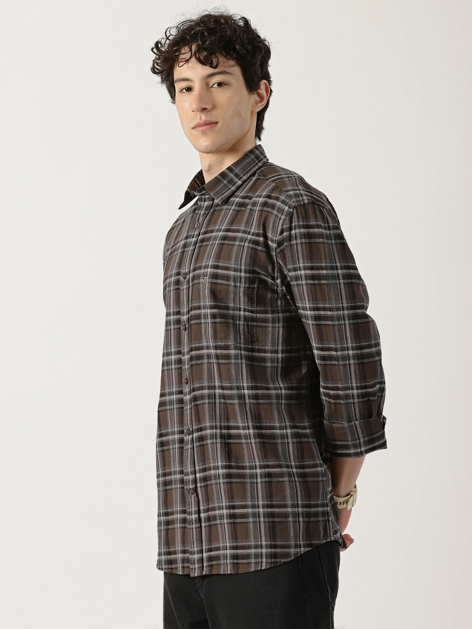 Brown shirt featuring a combination of black and White check lines