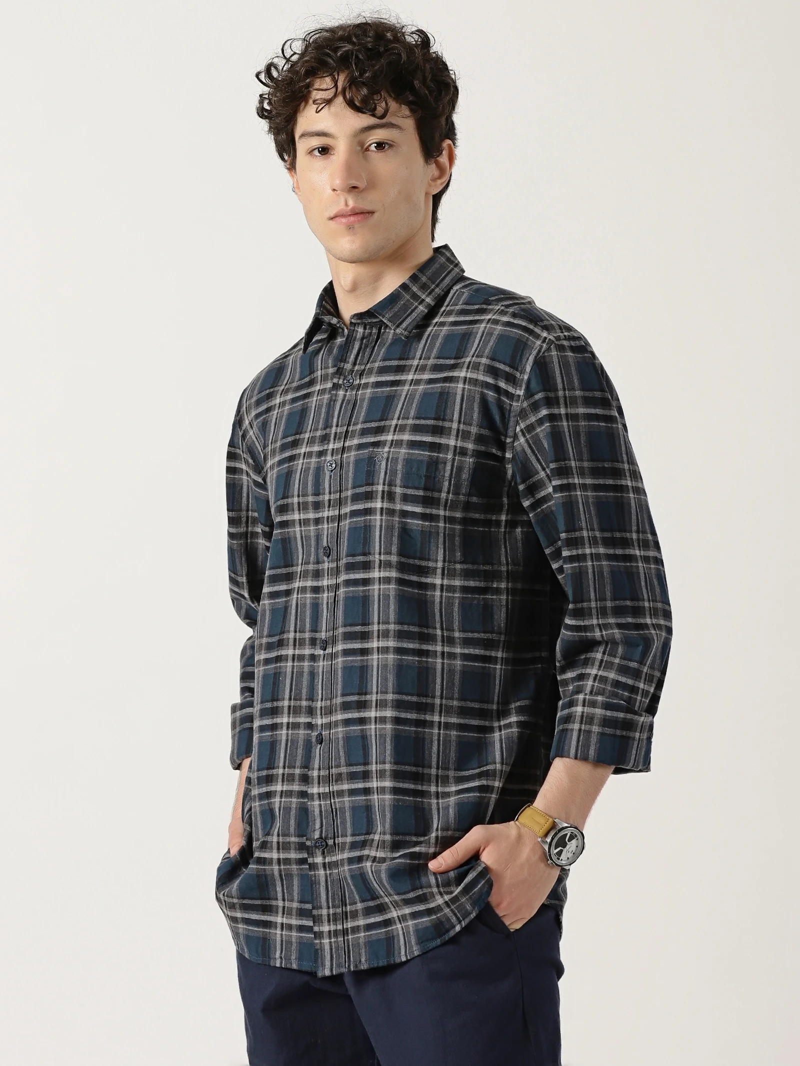 Blue shirt featuring a combination of black and White check lines